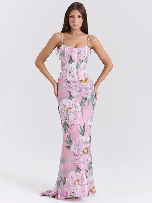 Pink Floral Maxi Dress Gown Spaghetti
