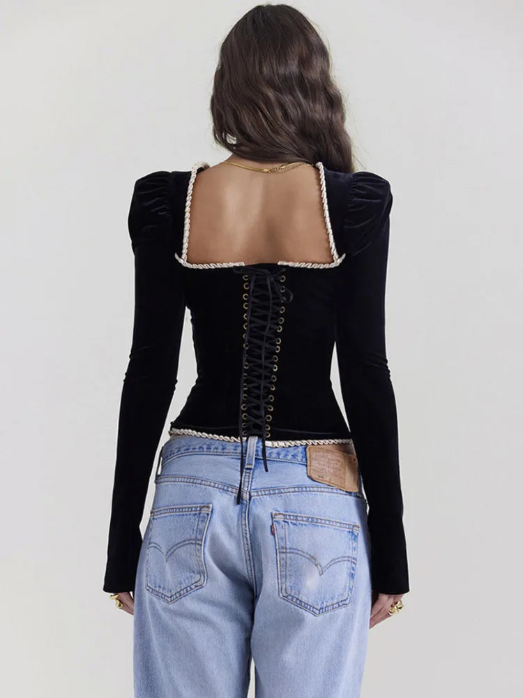 Square Collar Backless Bandage T-shirt Autumn