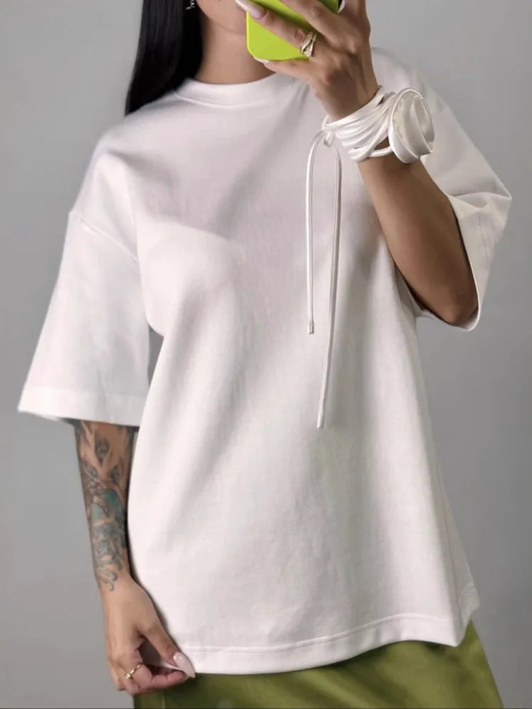 Lace-up Flower Short Sleeve T-shirt O