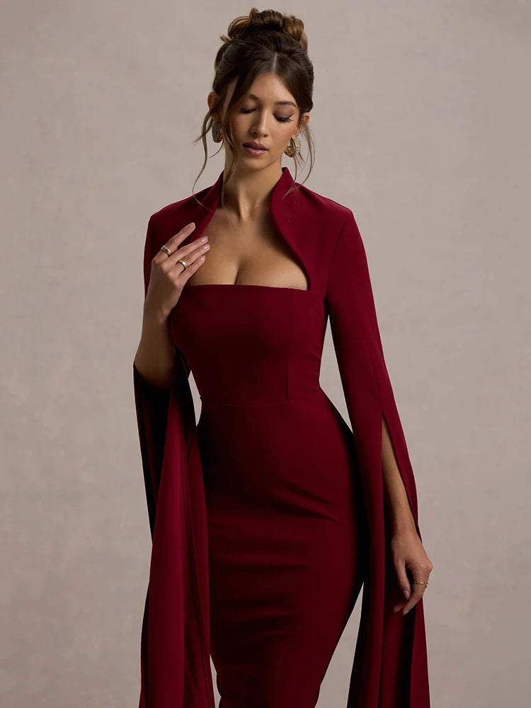 Cape Long Sleeve Midi Dress For