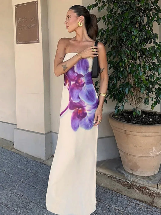 Floral Print Strapless Maxi Dress For