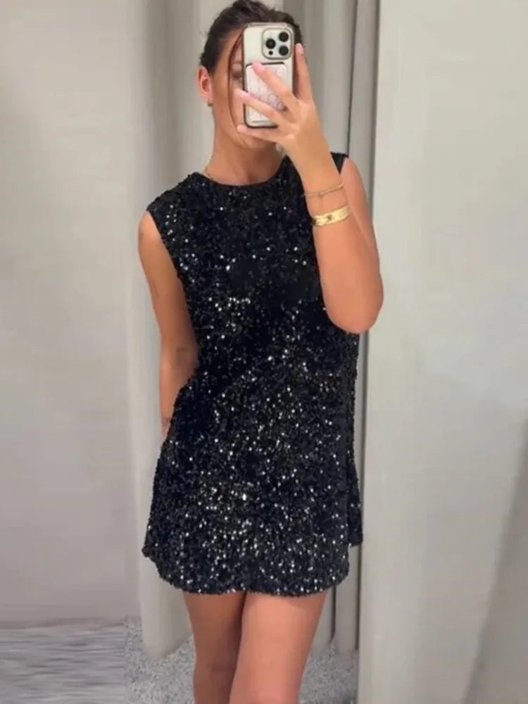 Sequins Backless Bow Mini Dress For