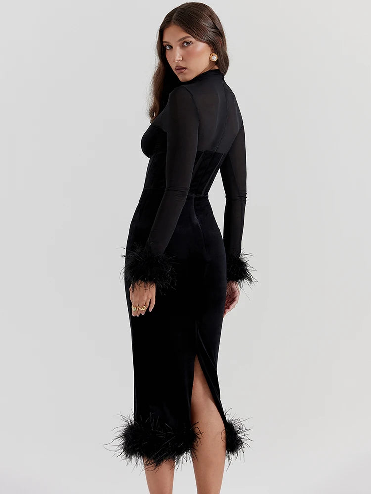 Feather Midi Dress For Black Sheer