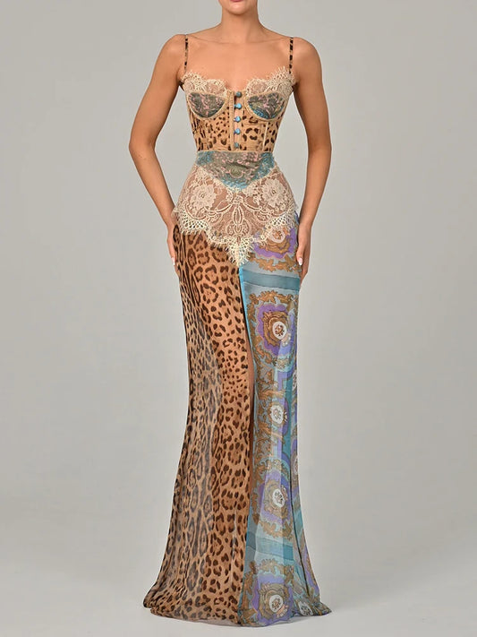 Leopard Print Lace Split Maxi Dress