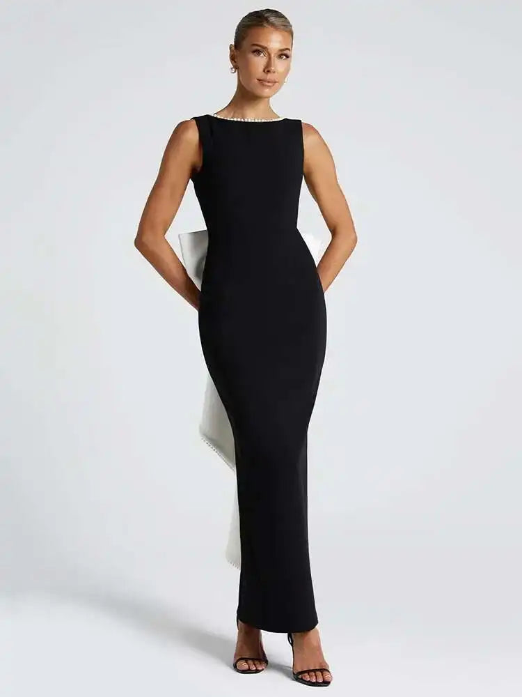 Pearl Bow Backless Maxi Dress Gown