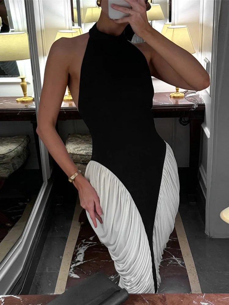 Patchwork Halter Backless Midi Dress Gown
