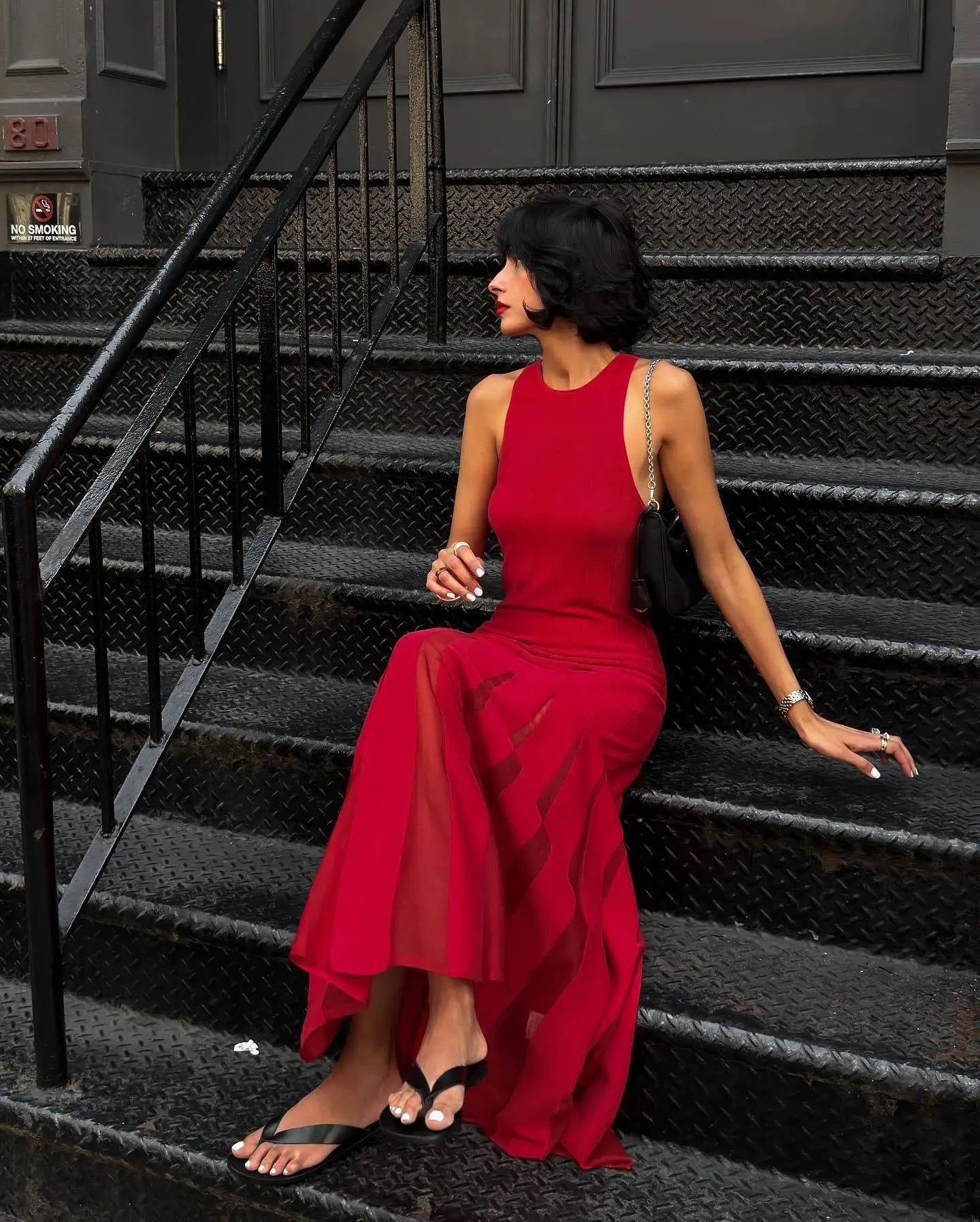 Red Sleeveless Knit Dress For Hollow