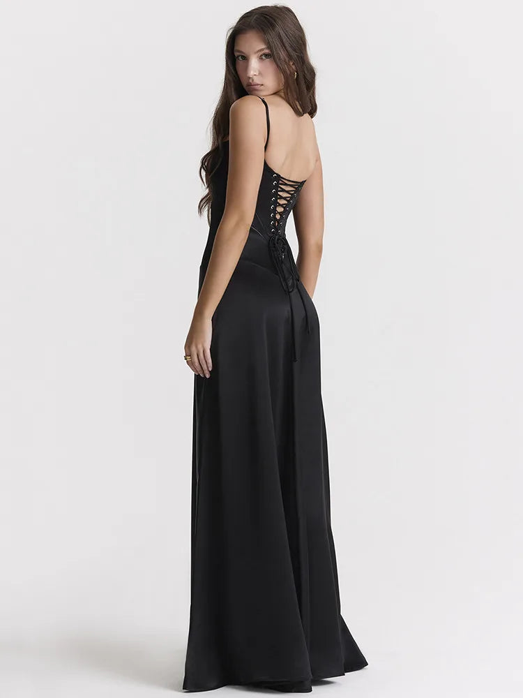 Lace-up Satin Maxi Slipdress Black Spaghetti