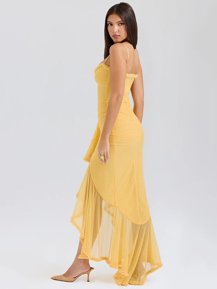 Ruffled Draped Ruched Maxi Dress For