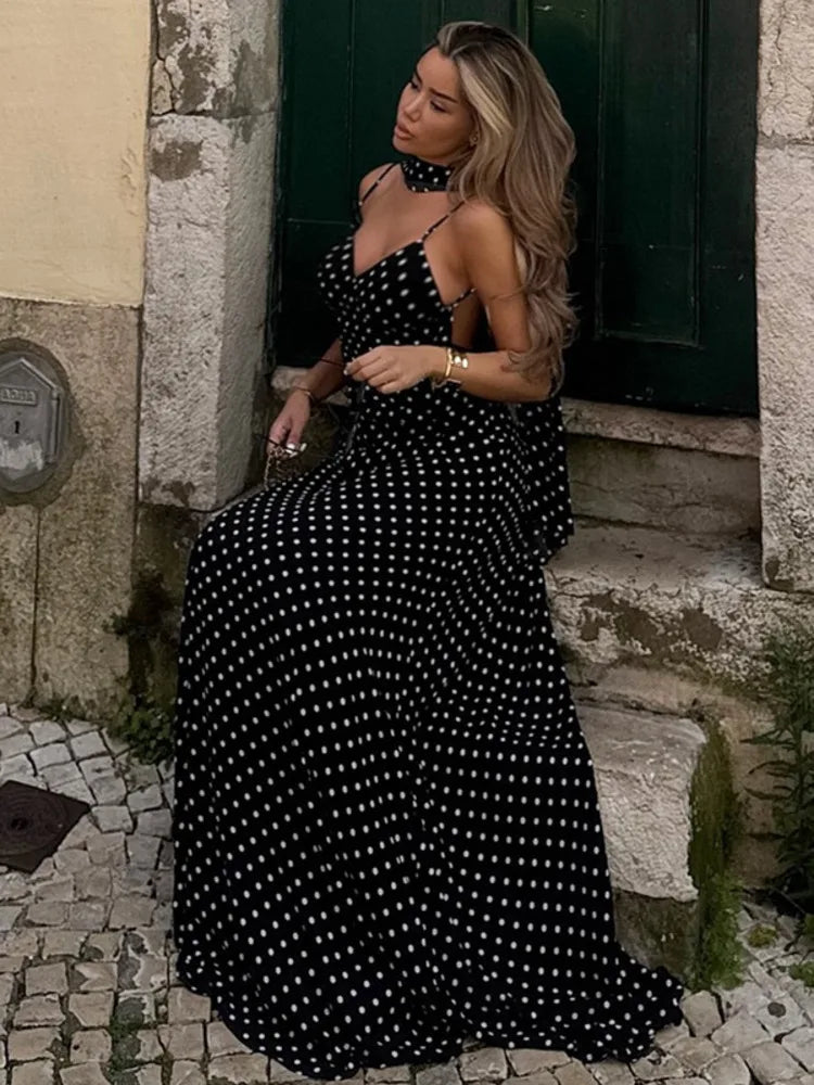 Polka Dot Halter Maxi Dress Spaghetti