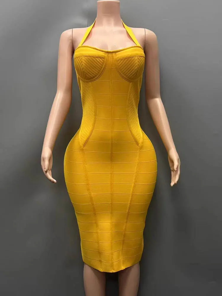 Backless Bandage Midi Dress Halter Off-shoulder