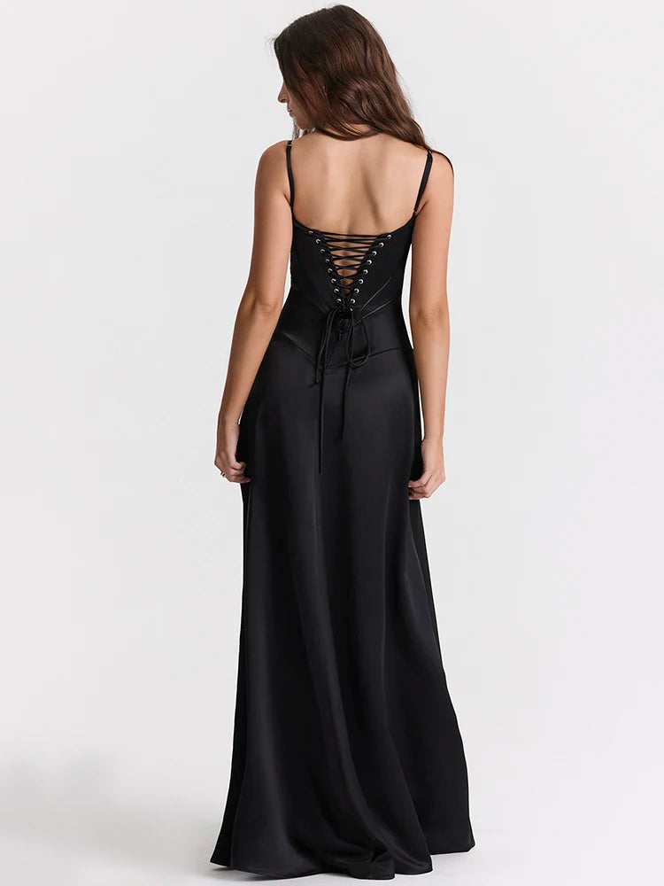 Lace-up Satin Maxi Slipdress Black Spaghetti