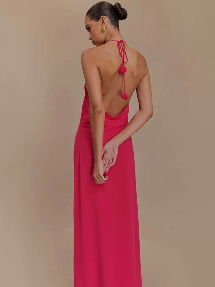 Rose Halter Off-shoulder Maxi Dress Red