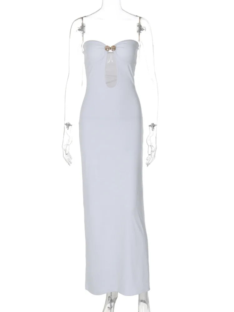 Metal Button Strapless Backless Long Dress