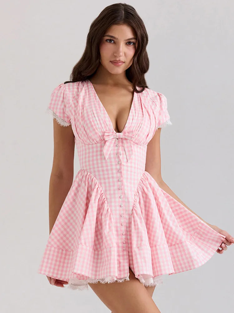 Puff Sleeve Print Mini Dress Bow