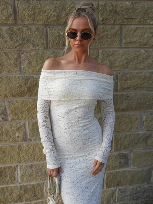 Lace Off-shoulder Maxi Dress For White