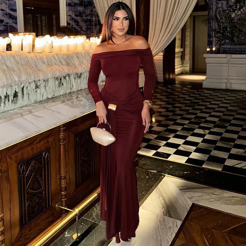 Off-shoulder Long Sleeve Maxi Dress For