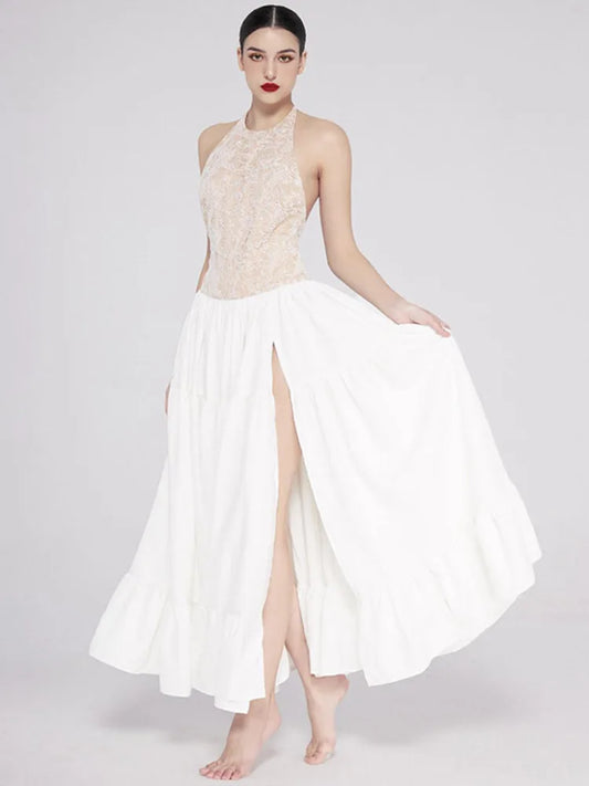 Lace Patchwork Maxi Dress O Neck