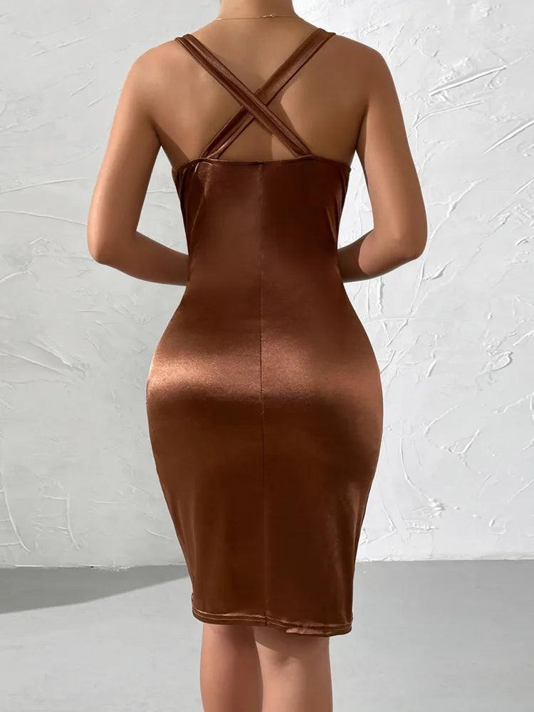 Elastic Satin Deep V Neck Ruched