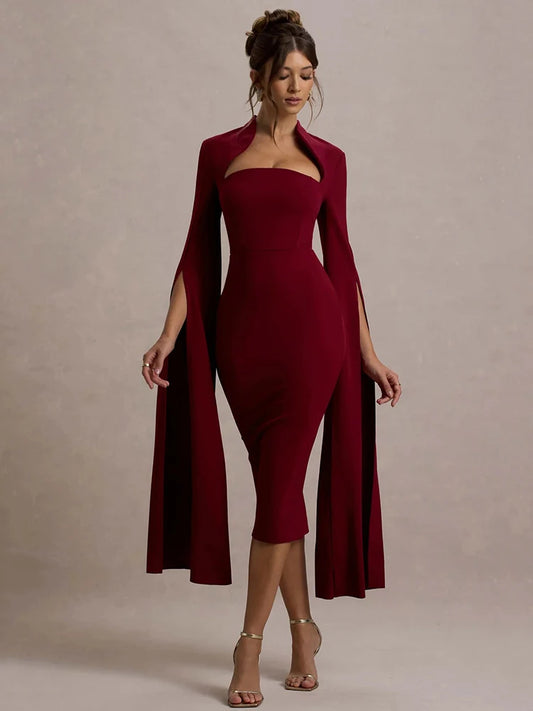 Cape Long Sleeve Midi Dress For
