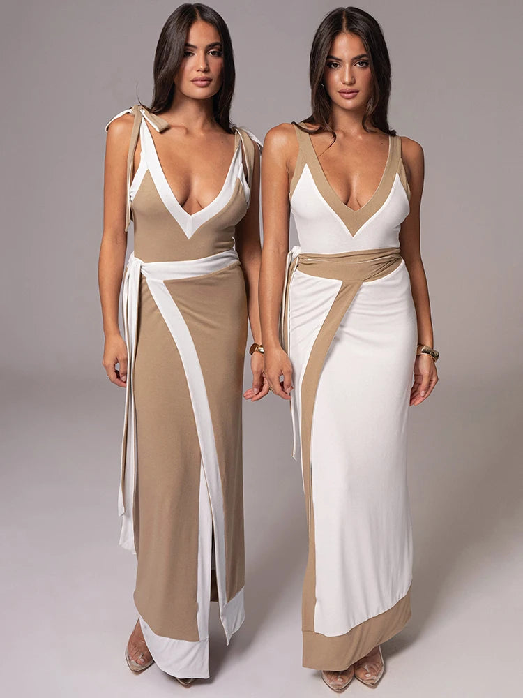 Patchwork Backless Maxi Dress Spaghetti Strap