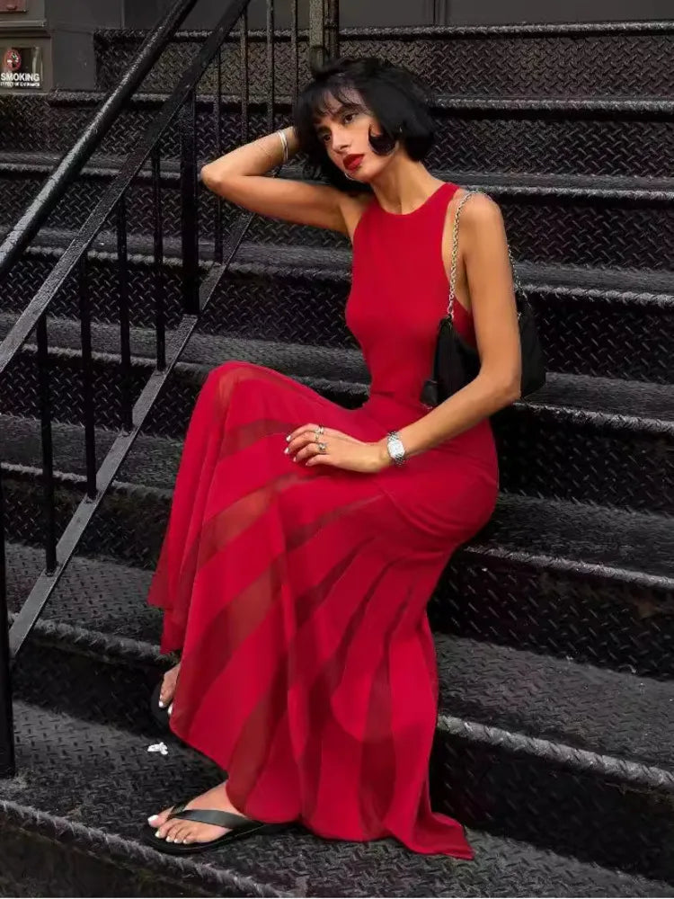 Red Sleeveless Knit Dress For Hollow
