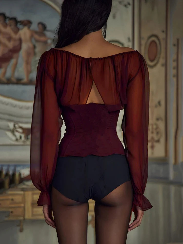 Wine Red Chiffon Lace-up Long Sleeve Top