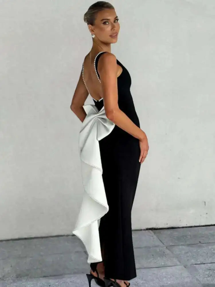 Pearl Bow Backless Maxi Dress Gown