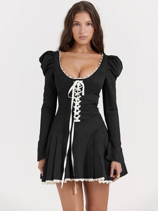 Lace Bandage Puff Sleeve Mini Dress