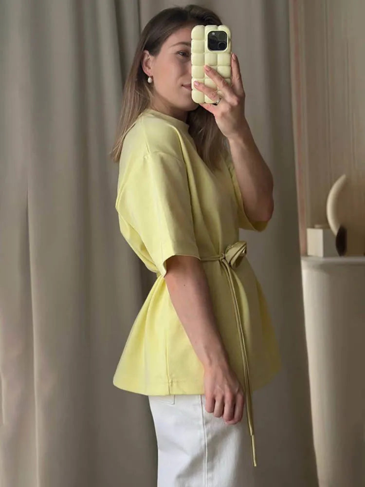 Lace-up Flower Short Sleeve T-shirt O