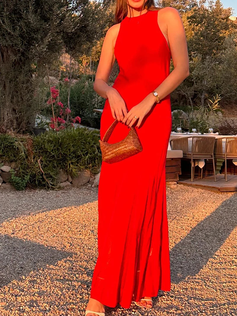 Red Sleeveless Knit Dress For Hollow