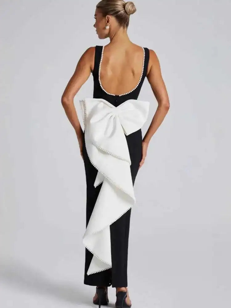 Pearl Bow Backless Maxi Dress Gown