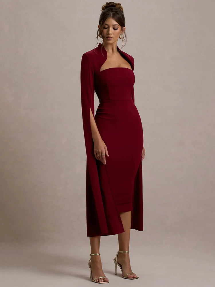 Cape Long Sleeve Midi Dress For