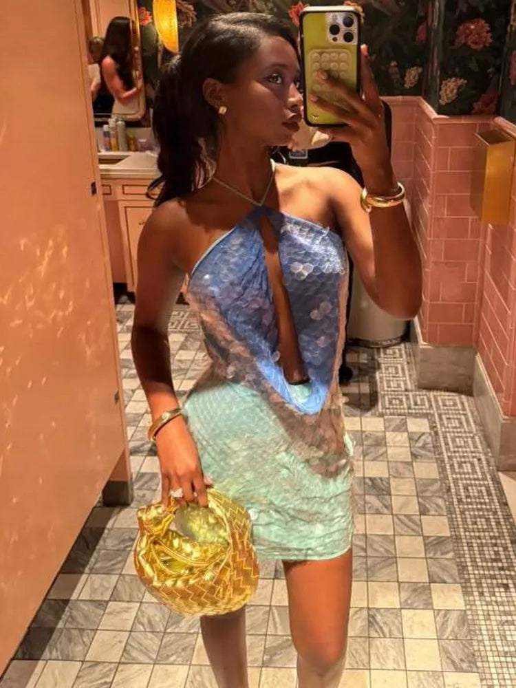 Sequins Mini Dress Patchwork Hollow Out