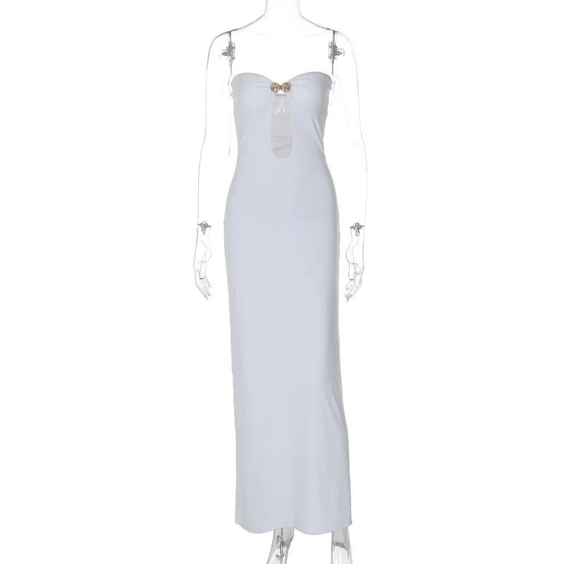 Metal Button Strapless Backless Long Dress