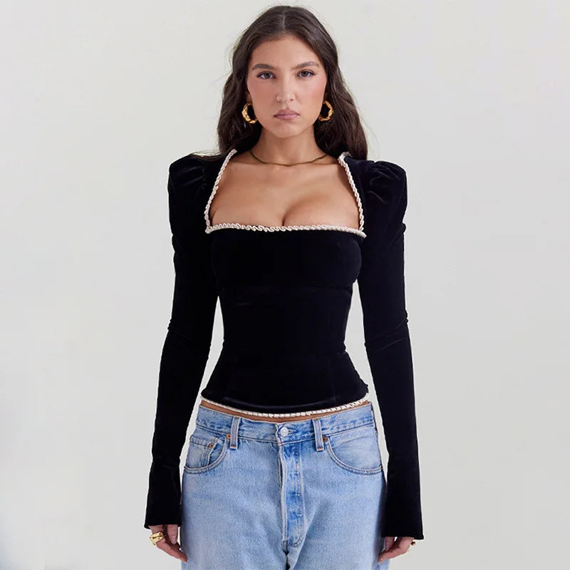 Square Collar Backless Bandage T-shirt Autumn