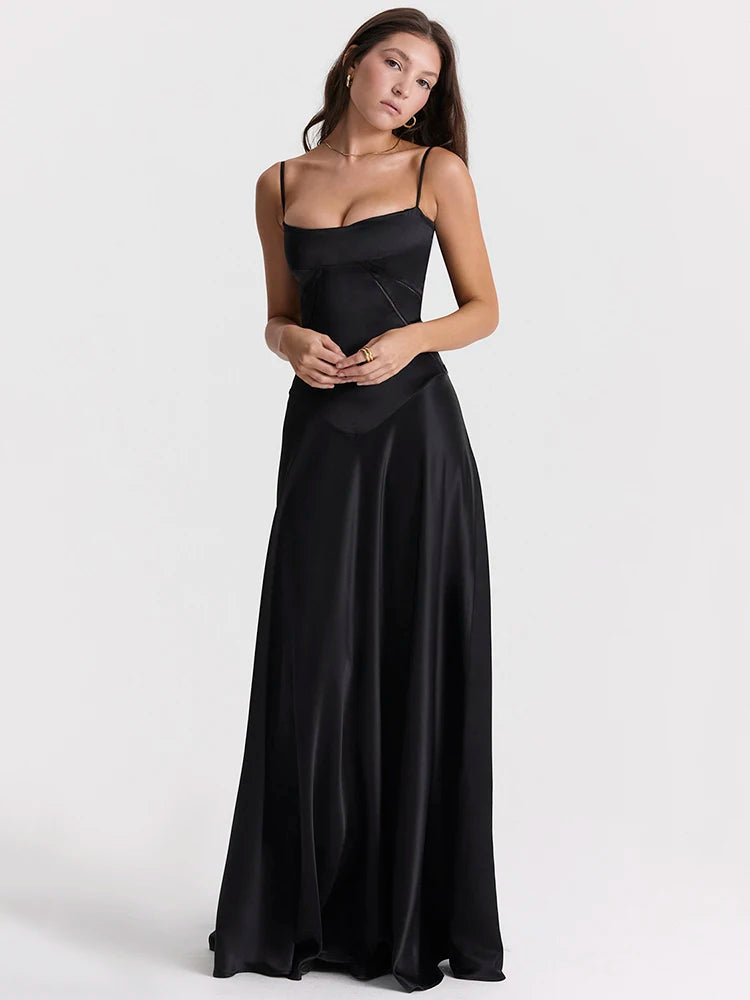Lace-up Satin Maxi Slipdress Black Spaghetti
