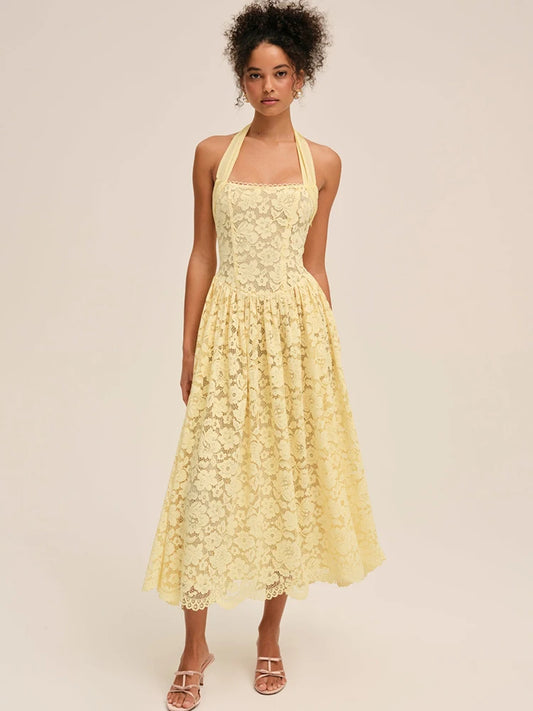 Lace Halter Backless Maxi Dress Gown