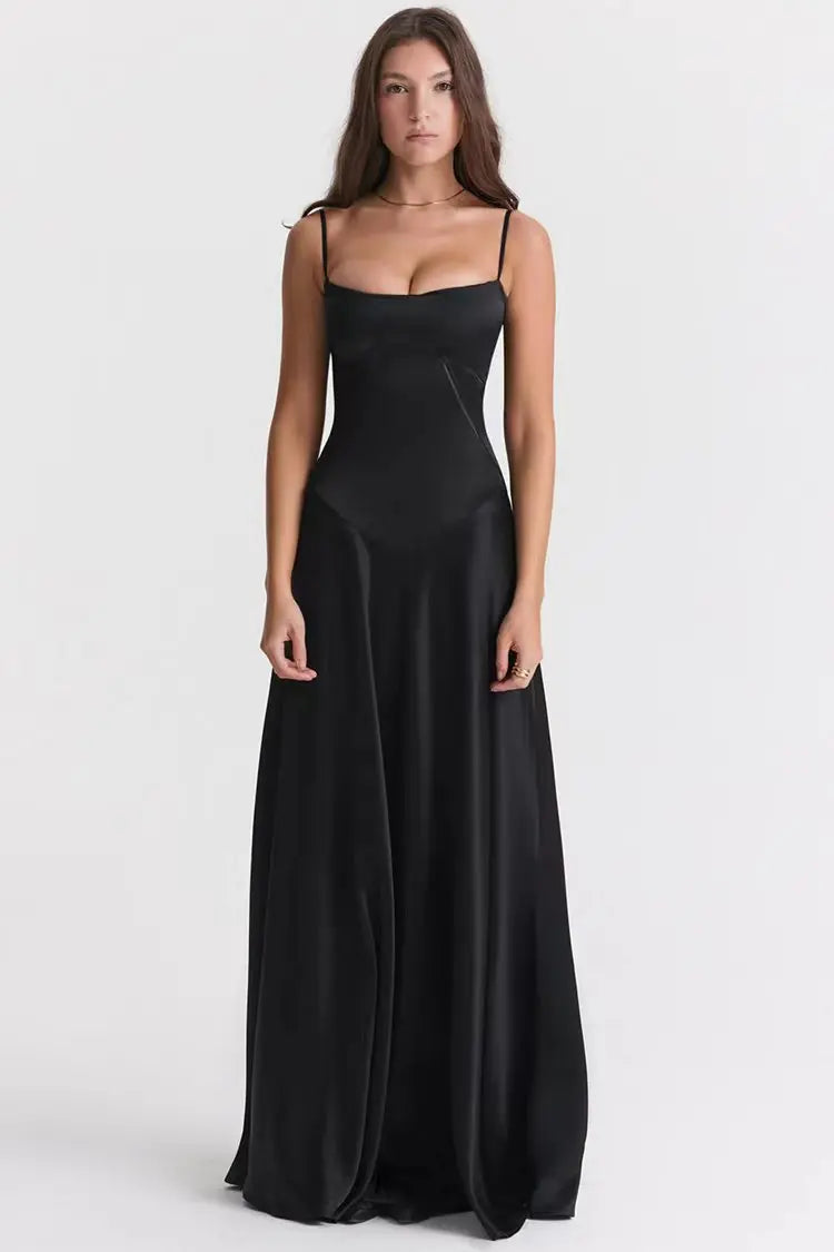 Lace-up Satin Maxi Slipdress Black Spaghetti