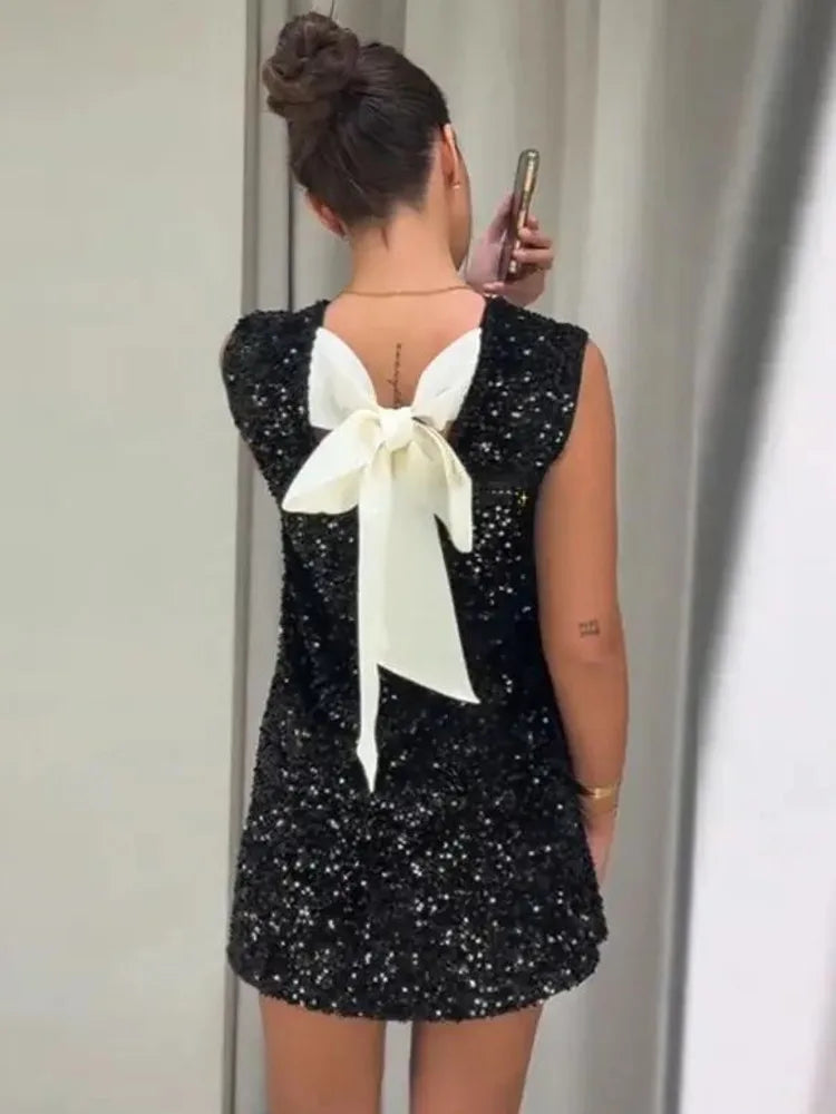 Sequins Backless Bow Mini Dress For