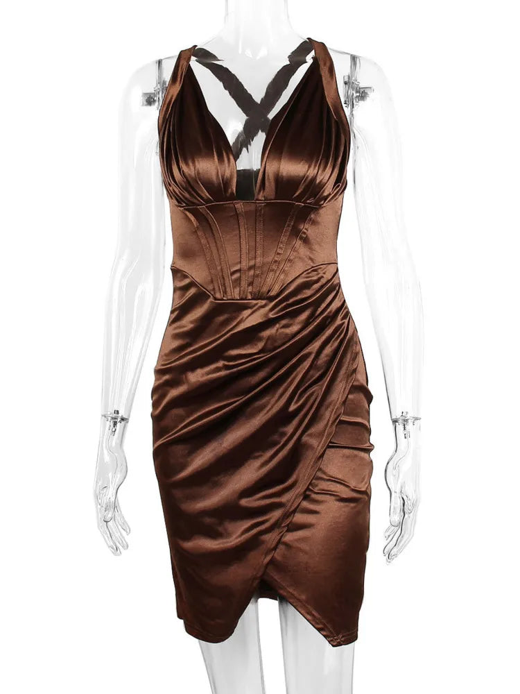 Elastic Satin Deep V Neck Ruched
