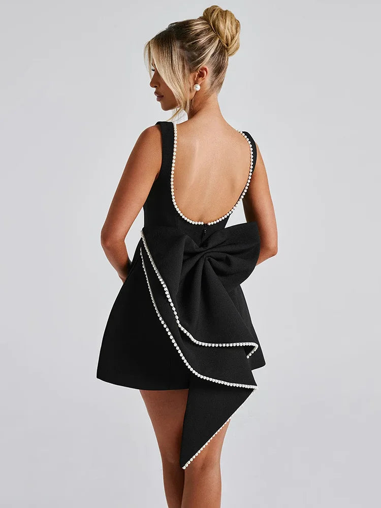 Pearl Bow Backless Mini Dress For