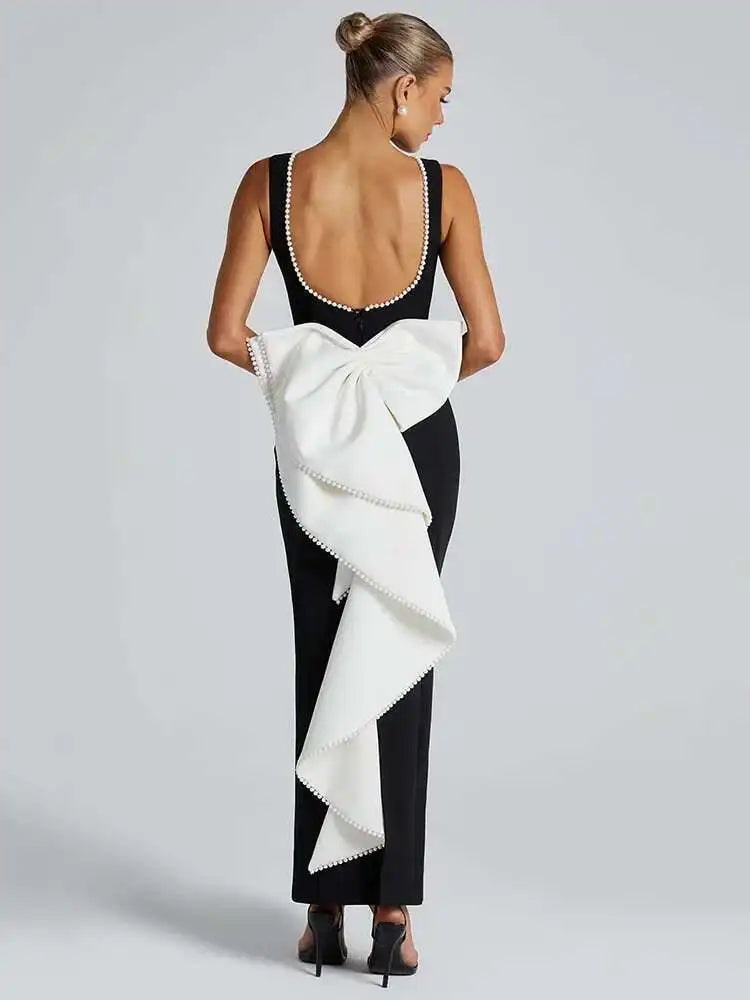 Pearl Bow Backless Maxi Dress Gown