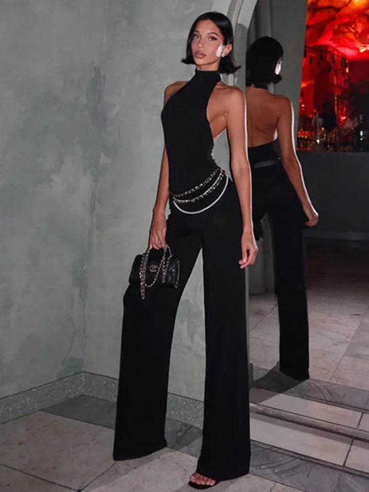 Black Backless 2 Piece Sets Halter