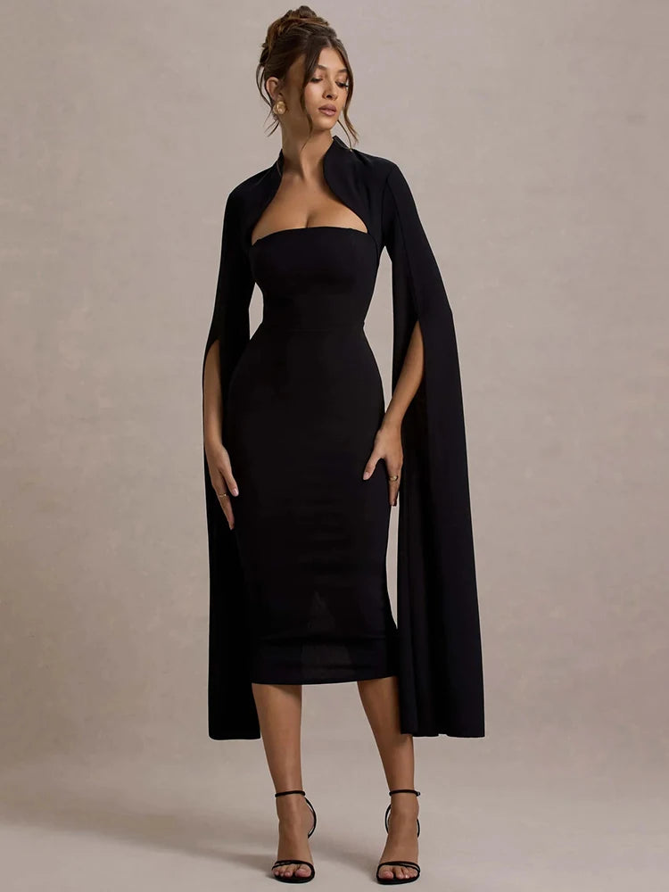 Cape Long Sleeve Midi Dress For