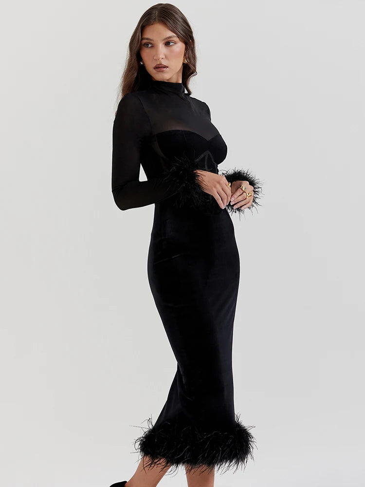 Feather Midi Dress For Black Sheer