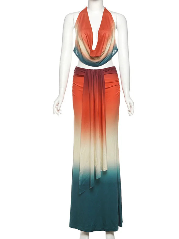 Print Mesh Halter Skirt 2 Pieces
