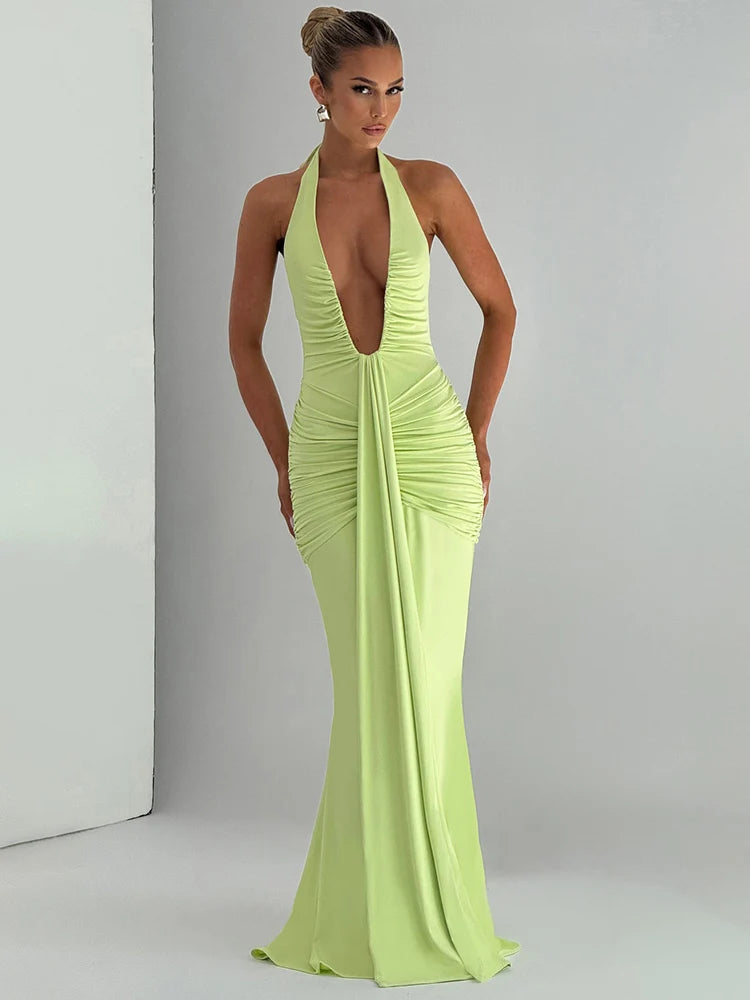 Deep V Neck Backless Ruched Maxi