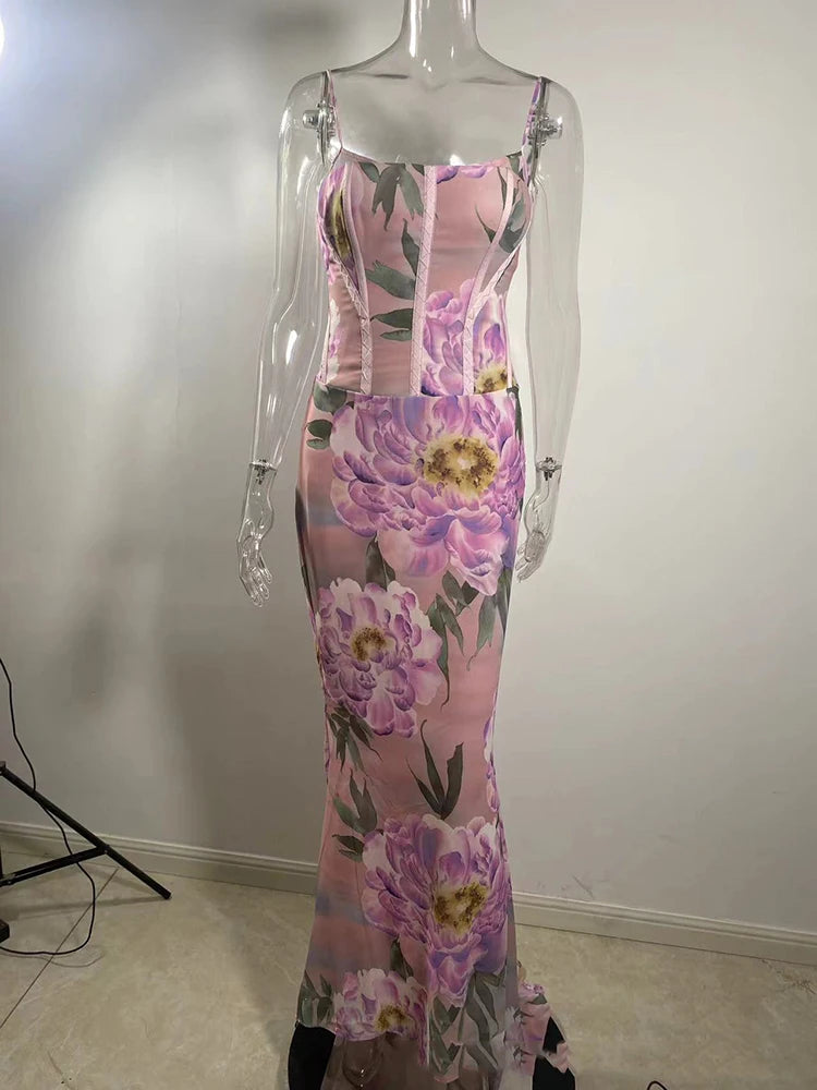 Pink Floral Maxi Dress Gown Spaghetti