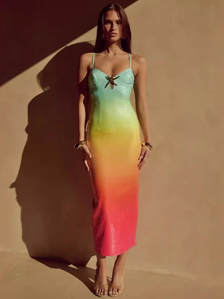 Sequins Spaghetti Strap Gradient Maxi Dress